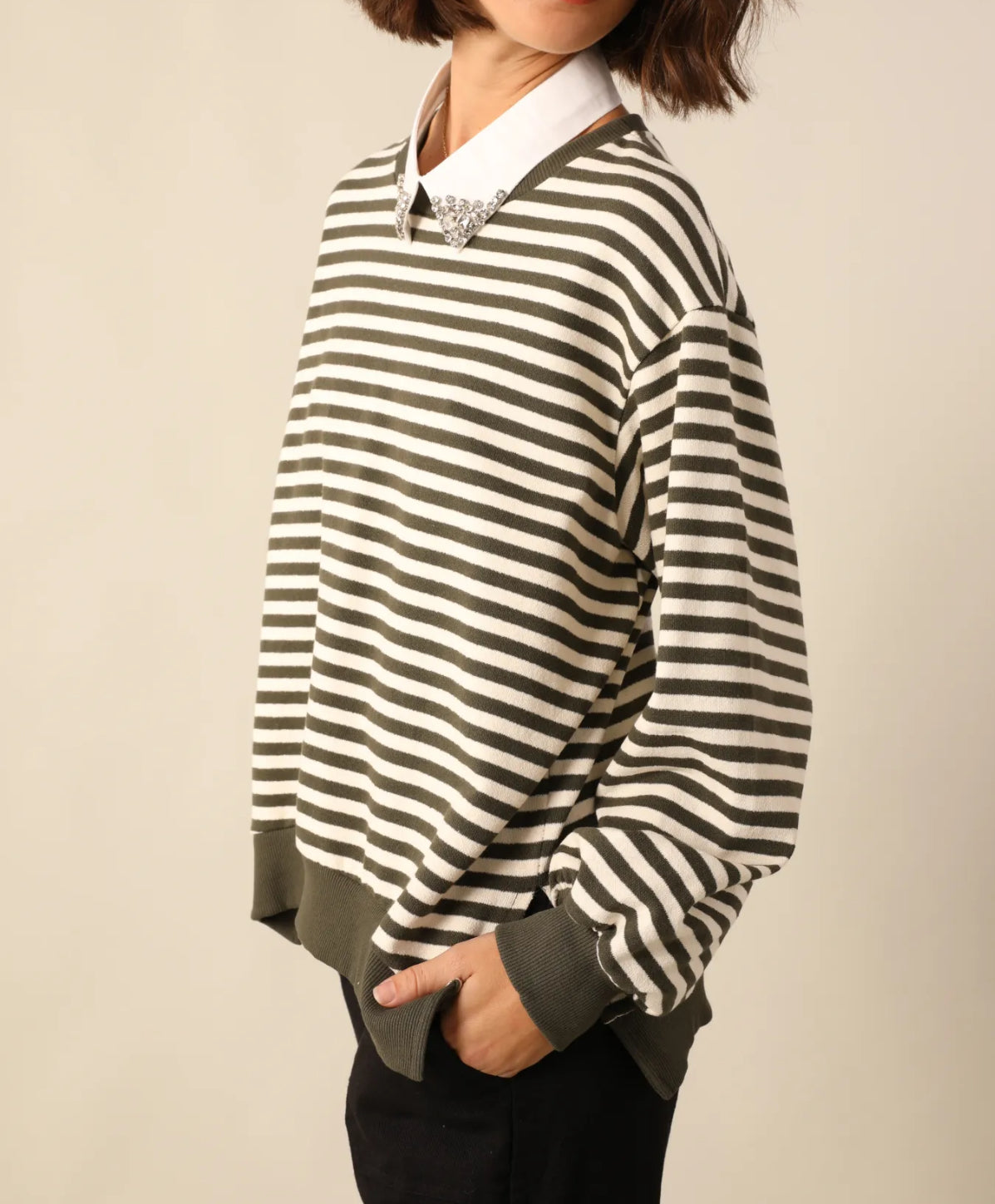 Sweat-shirt rayé col avec brillants