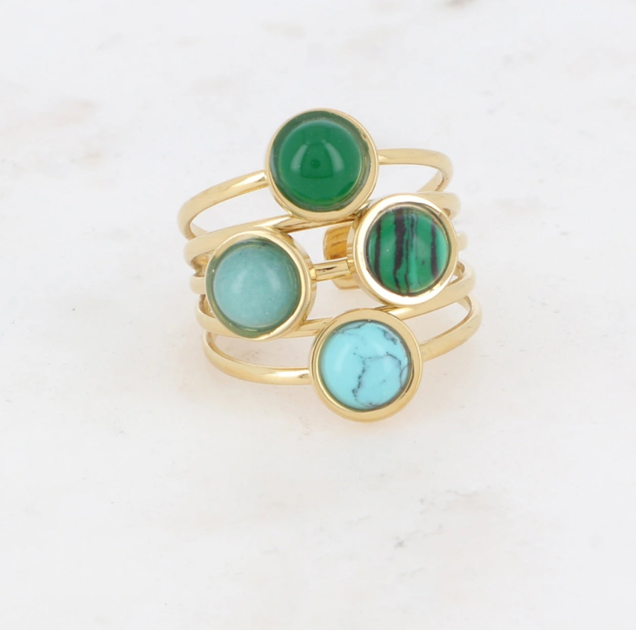 Bague - 5 lignes et 4 cabochons ronds en pierre naturelle