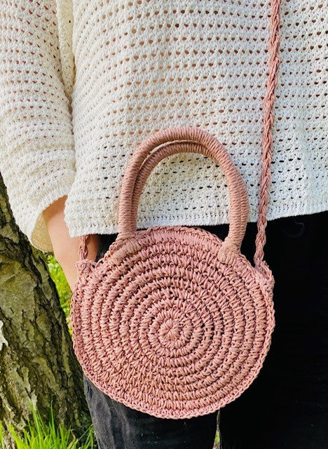 Petit Sac rond paille rose