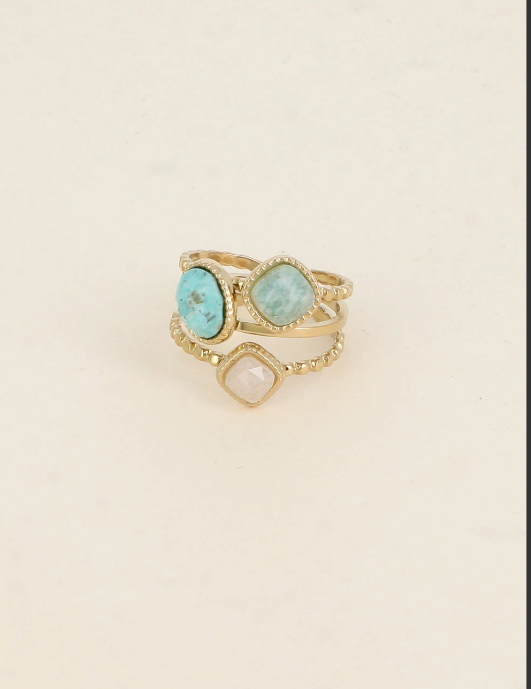 Bague - 3 anneaux effet milgrain et 3 pierres naturelles carrées et ovale