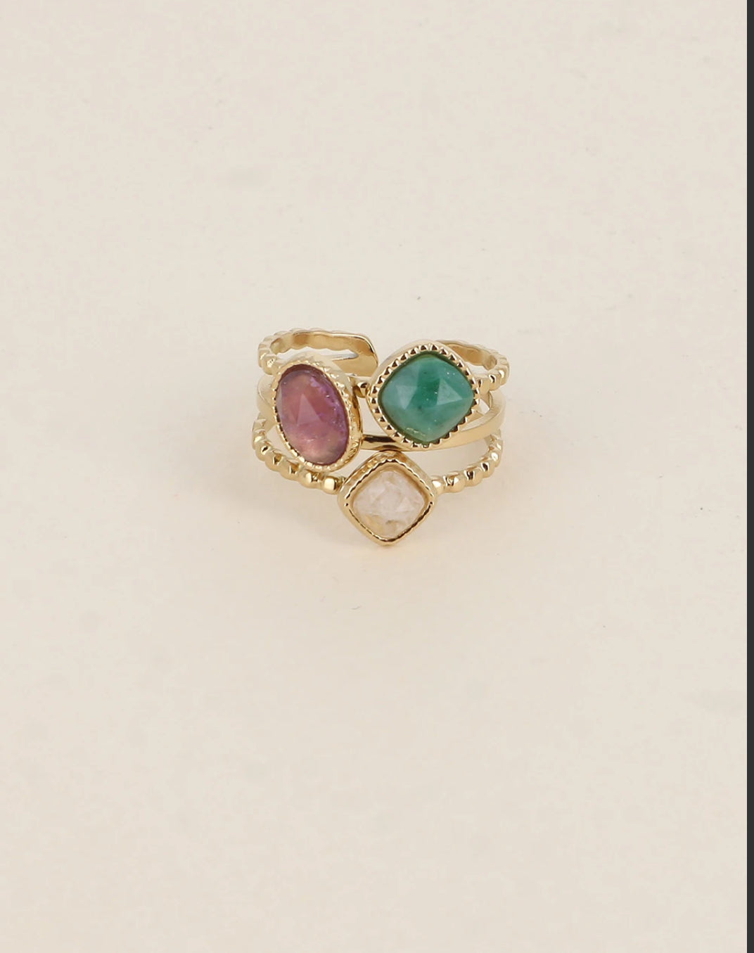 Bague - 3 anneaux effet milgrain et 3 pierres naturelles carrées et ovale