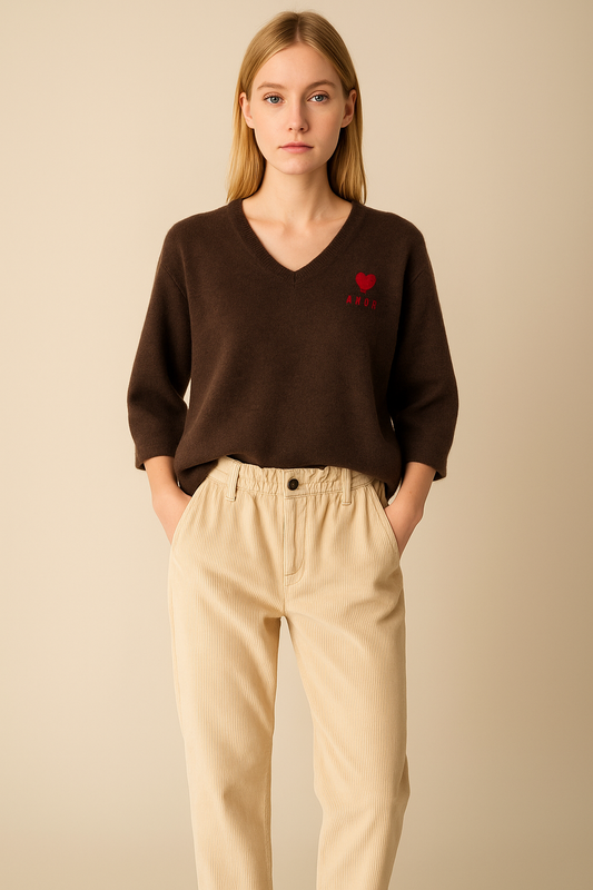 Pull manches 3/4 en baby alpaga – broderie AMOR –  Eugenia Boutique