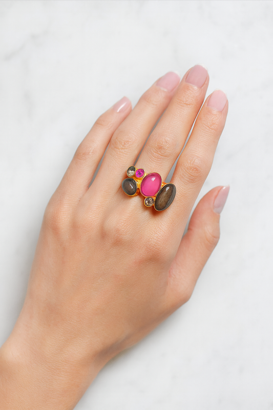 Bague 3 cabochons ronds et cristaux – marque BOHM