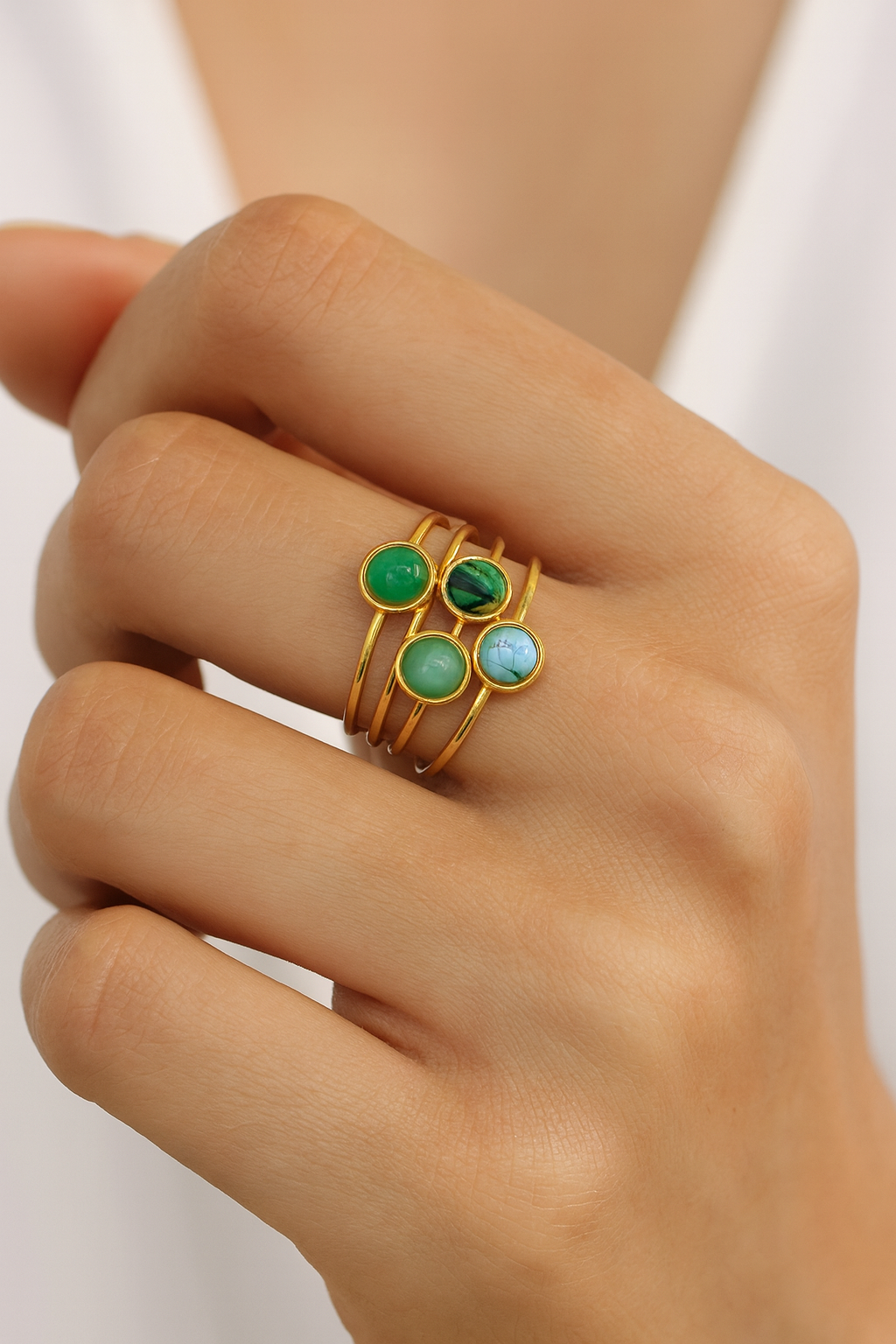 Bague - 5 lignes et 4 cabochons ronds en pierre naturelle