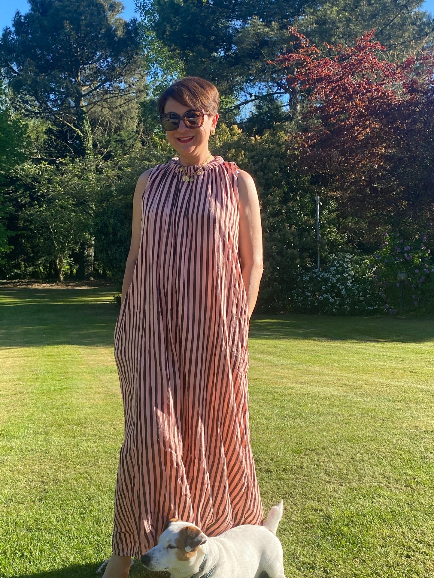 Robe, longue rayée rose pale et chocolat