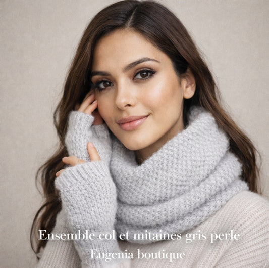 Ensemble col et mitaines gris perle
