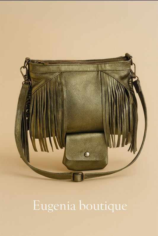 Sac bandoulière cuir métallisé kaki