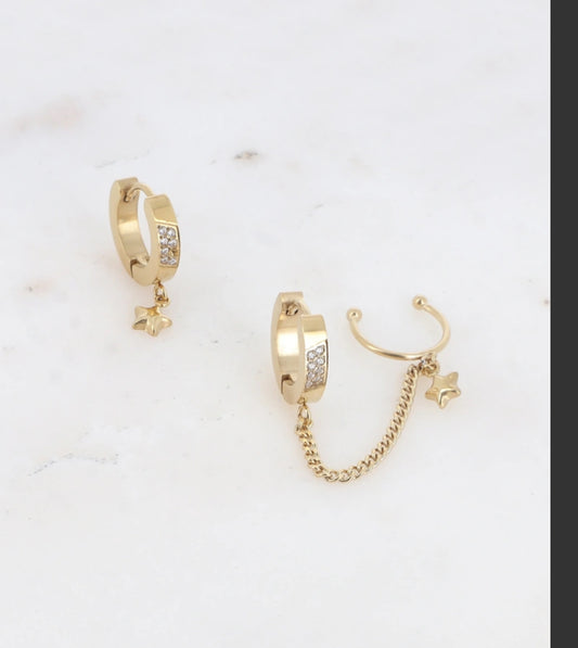 Créoles étoiles et oxydes de zirconium – chaînette earcuff