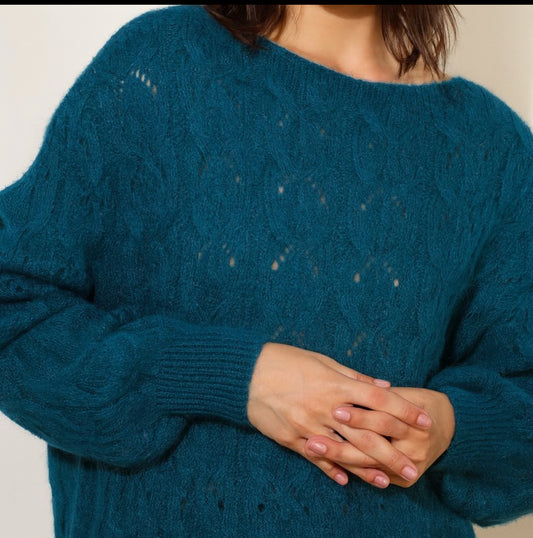 Pull col bateau torsadé manches resserrées, en kid mohair laine